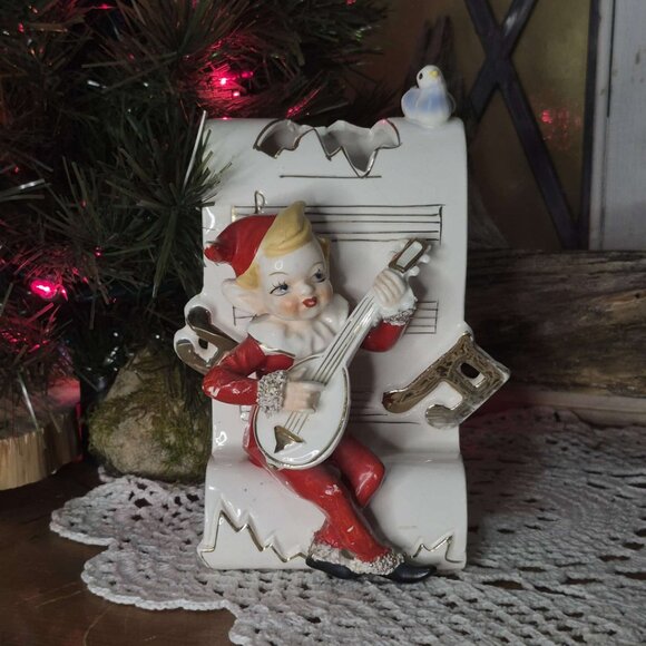 Porcelain Wall Decor Music Pixie Elf Gnome Red White Gold - Picture 3 of 14